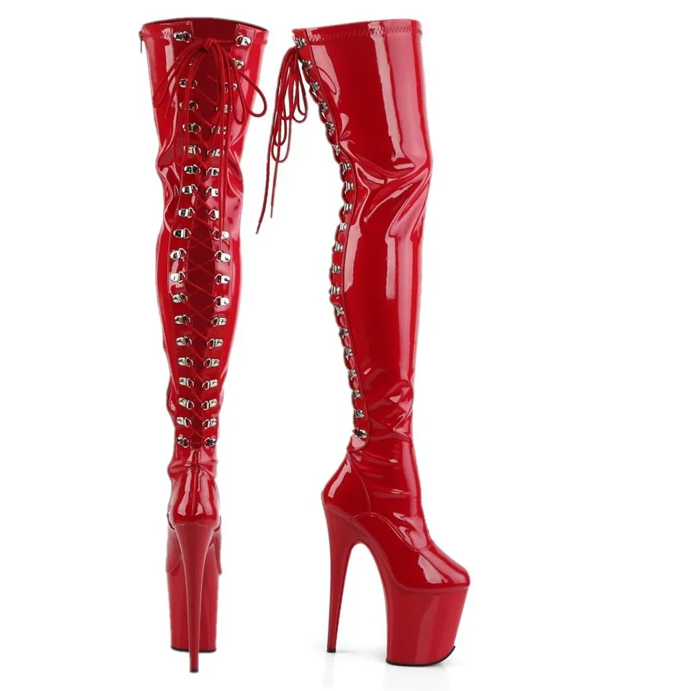 Size 11 3063 Back Lace Thigh High Platform Boots 8" High Heels Red Patent